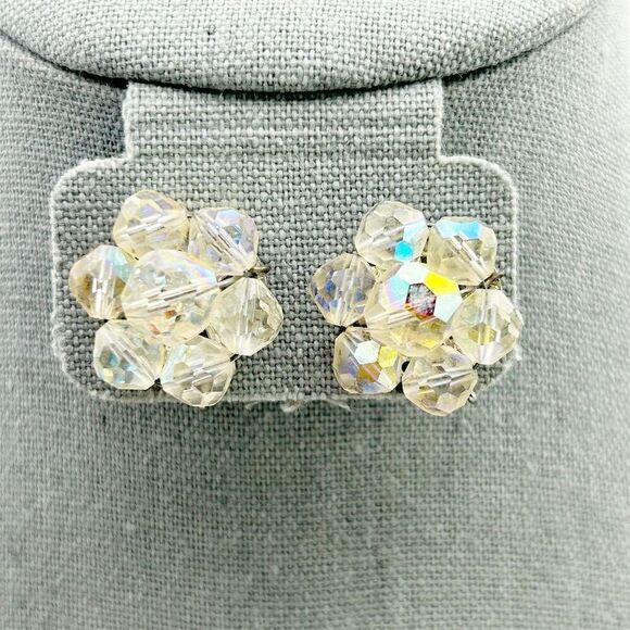 Vintage CORO Aurora Borealis Crystal Beaded Clip-On Cluster Earrings Silver Tone - Picture 1 of 10